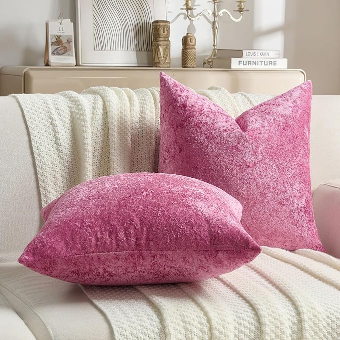 FUTEI Hot Pink Flannel Throw Pillow Covers 20x20 Inch Set of 2,Soft Dimensional Textured Cushion Cases,Modern Home Decor for Couch Living Room