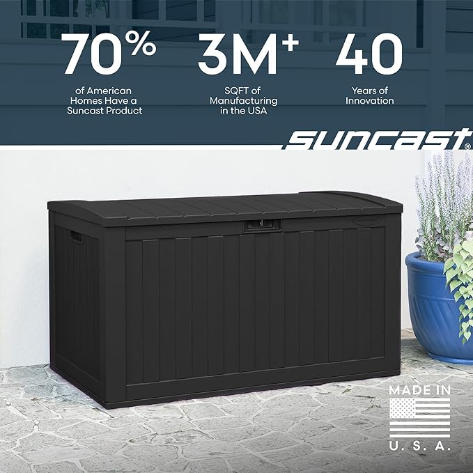 Suncast 134-Gal. Waterproof Resin Extra-Large Outdoor Patio Deck Box with Pad-Lockable Lid, Modern Outdoor Patio Bench/Storage Box for Cushions, Garden Tools, and More, Iron Ore