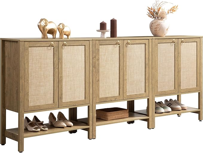 SICOTAS Shoe Cabinet with Storage - 3 Pieces Farmhouse Boho Shoe Organizer with Rattan Doors & Shelves, 5 Tier Free Standing Shoe Rack Storage Cabinet for Entryway, Living Room, Closet (Carbon Cherry)
