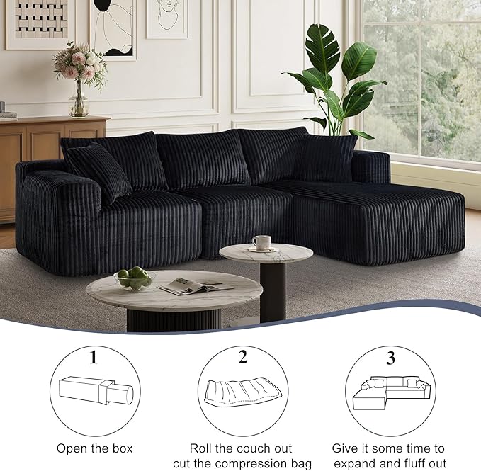 102" Modern Modular Sectional Sofa,Cloud Sectional Couch with Chaise,Deep Seat Boneless Sofa,Comfy Upholstered L-Shape Couch for Living Room,No Assembly Required,Black