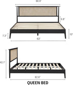 NTC Ruby Wooden Bed Frame with Headboard and Natural Rattan, Solid Oak Foundation with Silent Slats, 1000 Lb Capacity, Effortless Assembly, Queen - Burnt Black