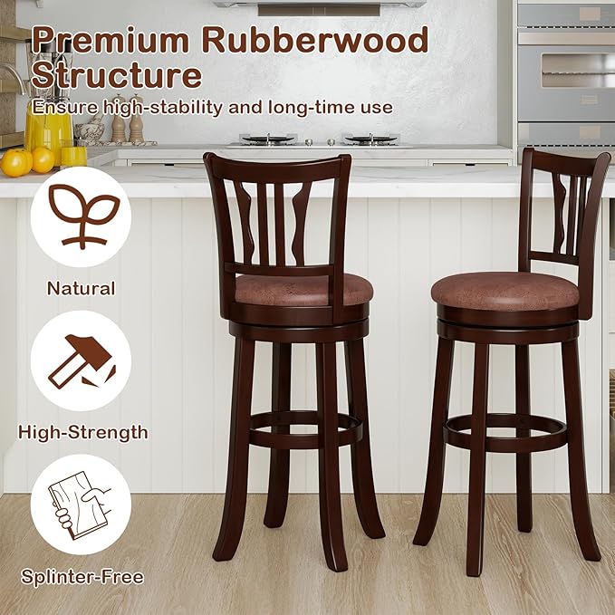 COSTWAY 30" Bar Height Stools Set of 4, Swivel High-Top Chairs with Backrest & Faux Leather Padded Seat, Rubber Wood Counter Barstools with Footrest for Kitchen Islands, Dining Room, Pub (4,30'')