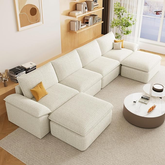 141.74" Sectional Couches for Living Room Modern Modular Sofa with U-Shape Couchs Upholstered Corduroy Boneless Couch Deep Seat Cloud Couch with Ottoman, No Assembly Required, White