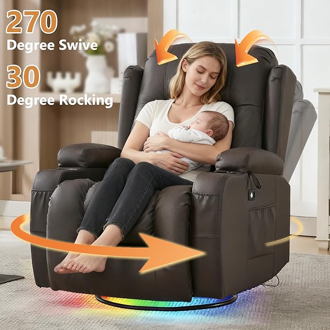URRED Rocker Recliner Chair for Adults, 270° Swivel Glider Reclining Single Sofa with LED Ambient Light, Cup Holders and Side Pockets, Faux Leather Recliner for Living Room or Home Theater, Brown