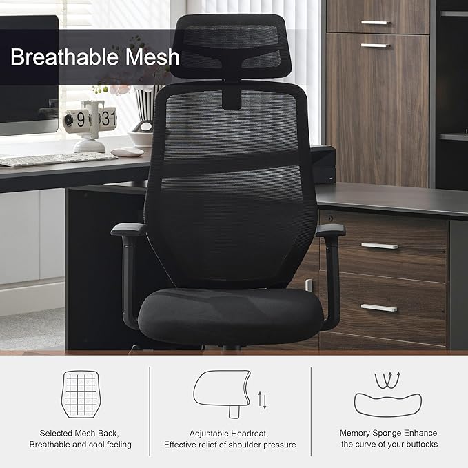 Okeysen Ergonomic Mesh Office Chair, High Back Swivel Computer Chair with 2D Adjustable Headrest, S-Shaped Lumbar Support, and Breathable Padded Seat for Home Office