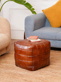 Handmade Eco-Friendly Geometric Leather Pouf Brown Color Square 18" x 18" x 18" Leather Pouf for Living Room, Bedroom Seating, Patio