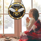 Stained Glass Window Hanging - Black Gold Bee White Wings Sun Catcher for Door Home Decor Insect Suncatcher Christmas Mother's Day Birthday Gifts for Women Men Lovers Mom Nana 11.8 in