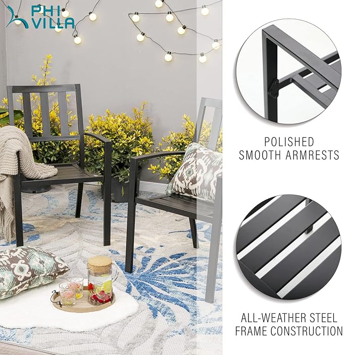 PHI VILLA 2 Pcs Patio Metal Dining Chairs, Outdoor Wroght Iron Seating Dining Chairs, Stackable Bistro Chair for Garden, Backyard, Lawn, Supports 300 lbs