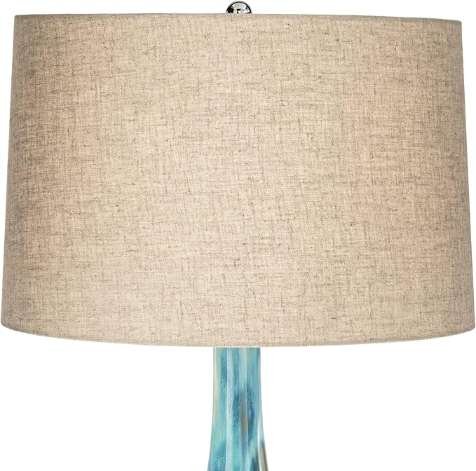 Possini Euro Design Kenya Modern Tropical 3-Way Table Lamp with Dimmer 29 1/2" Tall Blue Green Glaze Ceramic Beige Linen Drum Shade for Bedroom Living Room House Home Bedside Nightstand Office