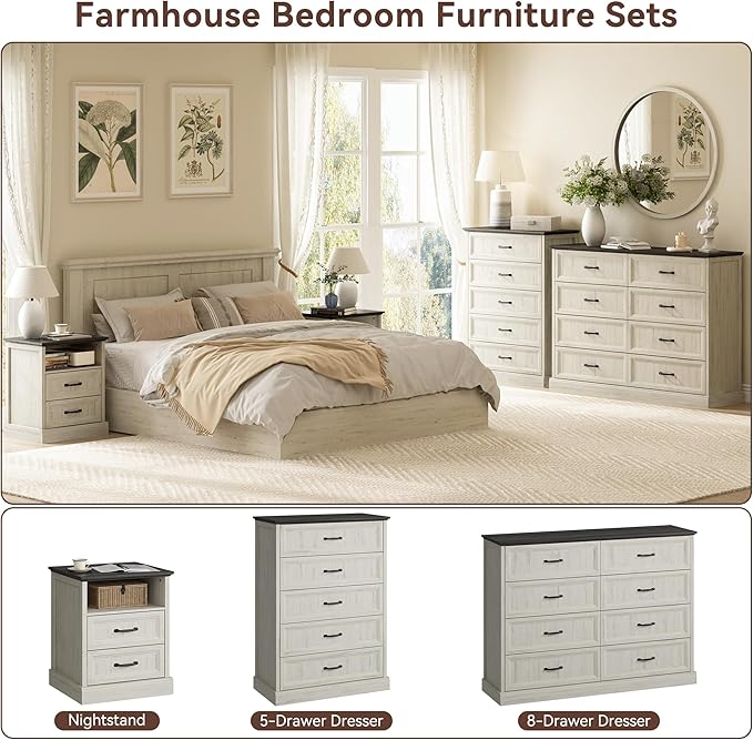 CARPETNAL Farmhouse Dresser and Nightstand Sets for Bedroom, 4 Pcs Bedroom Set, 5 Drawer & 8 Drawer Dresser and Nightstand Set of 2, Wood Chest of Drawers for Living Room, Entryway, White