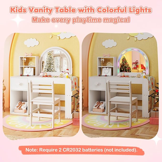 Costzon Kids Vanity, Girls Vanity Set with Lighted Mirror, Bookshelf, Drawer, Storage Cabinet & Shelves, Toddler Makeup Vanity Desk Dressing Table, Wooden Kids Vanity Table and Chair Set (White)