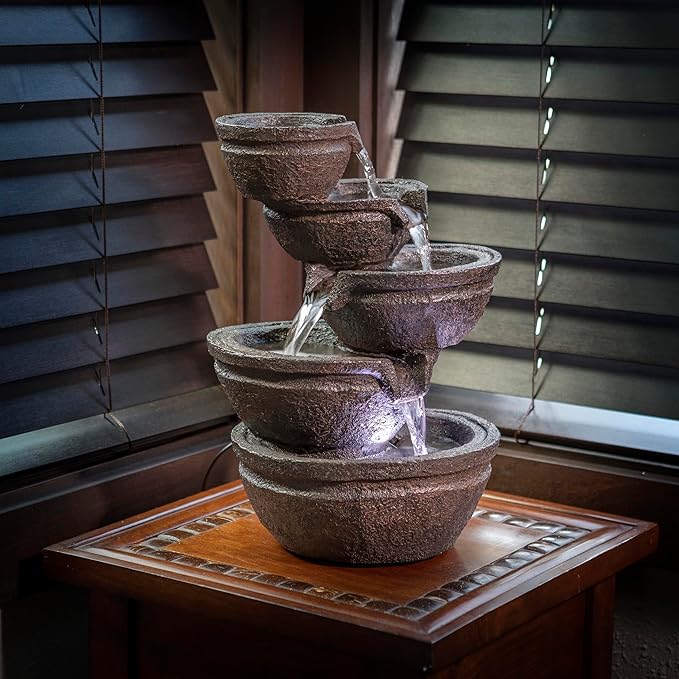 Alpine Corporation WIN1138 13" Indoor Tabletop Tiering Bowls Water Fountain with LED Lights – Cascading Water Feature for Home, Office, Meditation, and Relaxation, Dark Gray