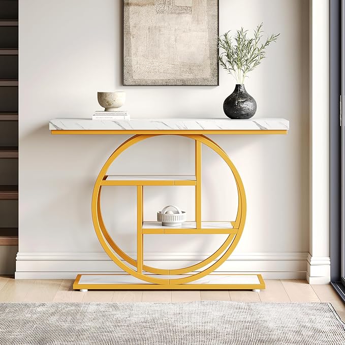 LITTLE TREE Console Table, 4-Tier Entryway Table Behind Couch Table, 41.3-Inch Modern Sofa Table for Living Room, Foyer Hallway Table for Entrance, White and Gold