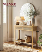 VASAGLE Console Table, Sofa Table, Narrow Entryway Table with 2 Drawers, Open Storage Shelf, Rounded Corners, for Living Room, Boho Style, Oak Beige ULNT016Y57V1