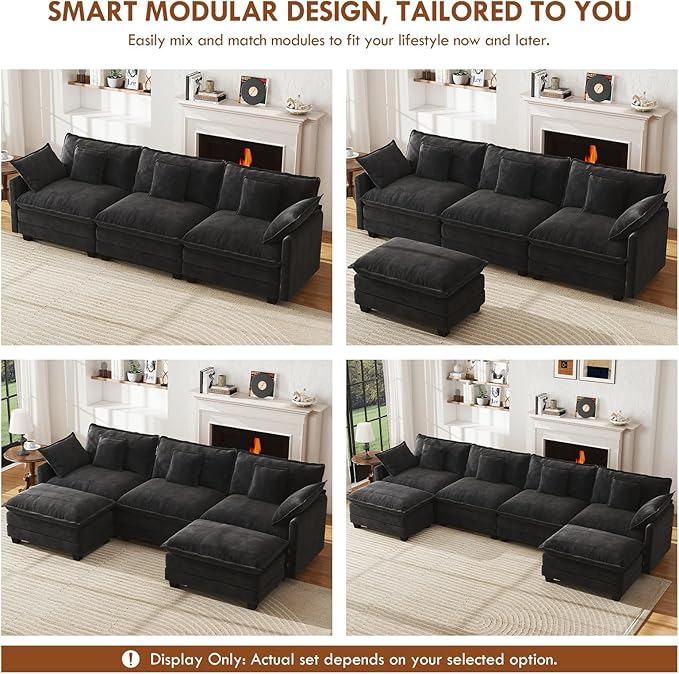WorthFurni 111.4” Cloud Couch, Modular Sectional Sofa, Comfy Modern 3-Seater Couches with Pillows & Upholstered Deep Seat Cushion for Living Room Apartment Bedroom (Black)