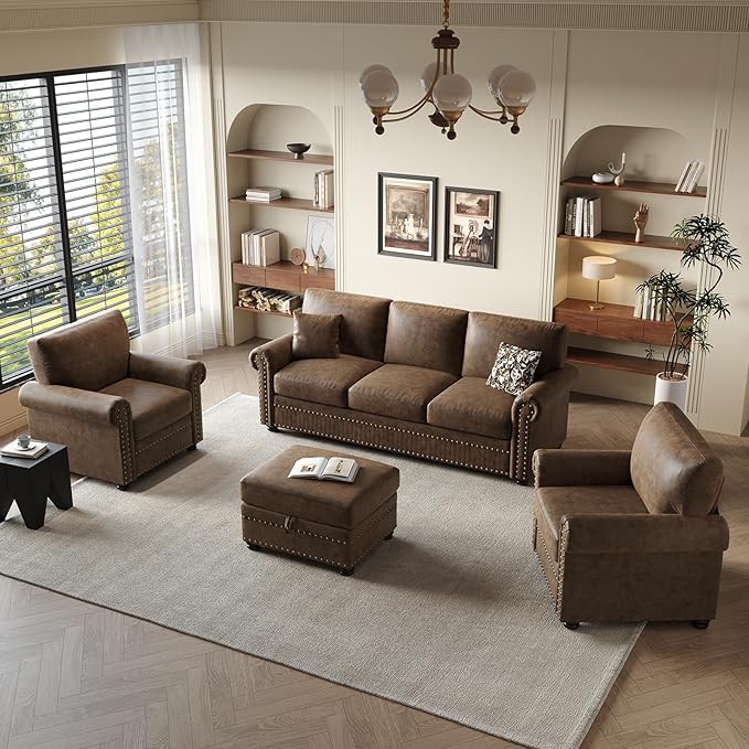 ONBRILL Nailhead Trim Accent Chair, Faux Leather Club Chair for Living Room, Comfy Armchair with Springs Cushions & Solid Wood Legs, Traditional Rolled Arms Single Sofa for Bedroom, Apartment, Brown