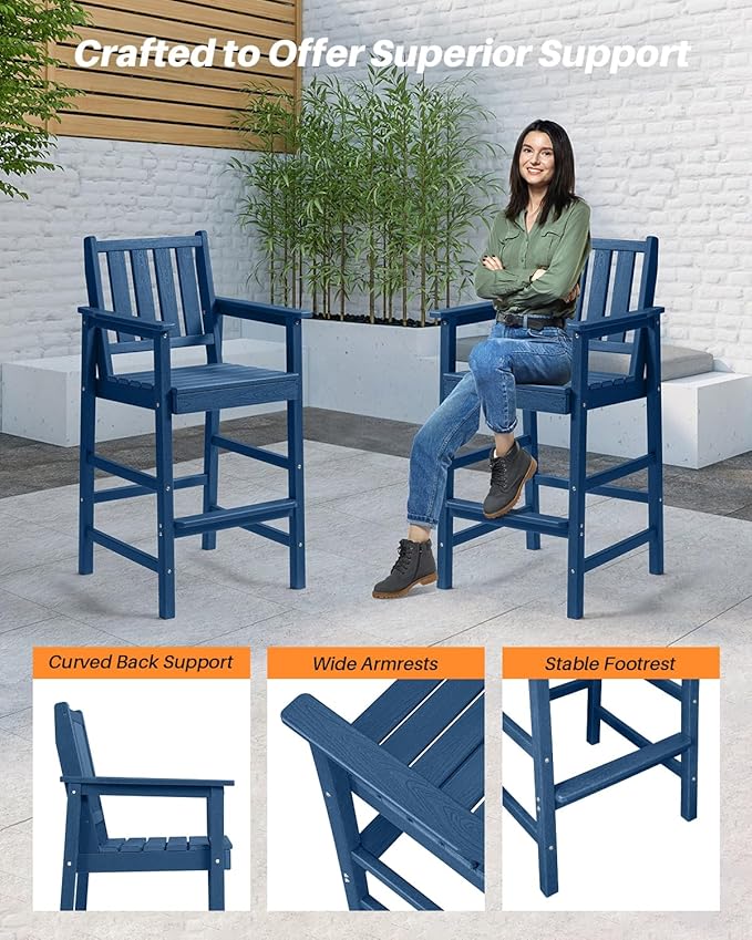 5 Pieces Adirondack Bar Chairs Set, HDPE Patio Bar Height Table and Chairs, Tall Adirondack Outdoor Bar Stools Set, HDPE Patio Bar Table Sets Furniture for Poolside, Balcony, Garden, Navy