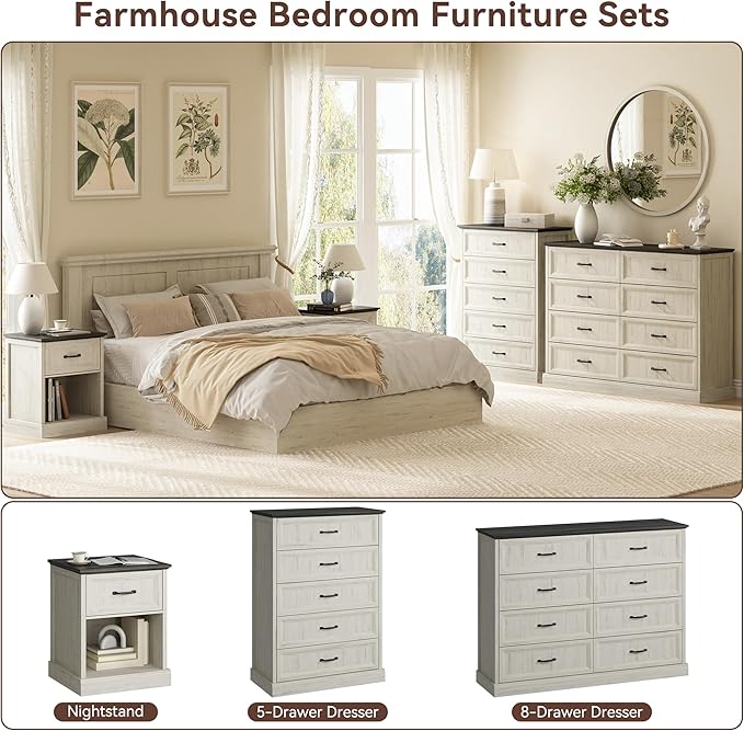 CARPETNAL Farmhouse Dresser and Nightstand Sets for Bedroom, 4 Pcs Bedroom Set, 5 Drawer & 8 Drawer Dresser and Nightstand Set of 2, Wood Chest of Drawers for Living Room, Entryway, White