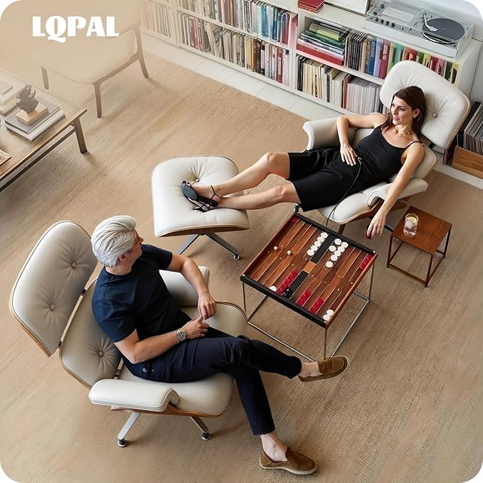 Top White Grain Leather, Mid Century Chaise Lounge Chair and Ottoman, Modern Chair Classic Design, Walnut Wood, Heavy Duty Base Support for Living Room Office