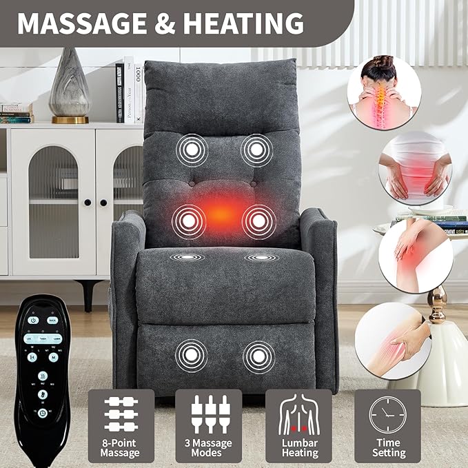 PELUMY Manual Lift Recliner Chair with Massage and Heat for Elderly, Single Motor Electric Lift Chair, Heavy Duty Recliner with USB Charging & Side Pockets (Chenille, Grey)
