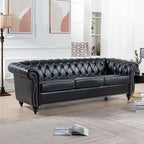 Home Sofa Living Room Furniture, 3 Seater Leather Upholstered Sofa Couch, Modern Comfy Couch with Faux Leather Cushions, Mid Century Tufted Chesterfield Sofas for Bedroom, Office, Apartment (Black)