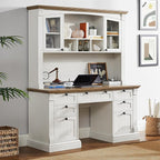 OKD Farmhouse Hutch for 60" Executive Desk, Office Desk Storage Cabinet with Glass Doors and Shelves, Top Hutch Organizer for Home Office - Antique White