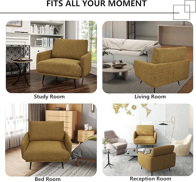 Oversized Accent Chair for Living Room Chairs Reading Arm Chair Comfy Modern Single Sofa Side Chairs with Metal Legs & Soft Cushion for Bedroom, Waiting Room (Chenille Pumpin, Set of 1)