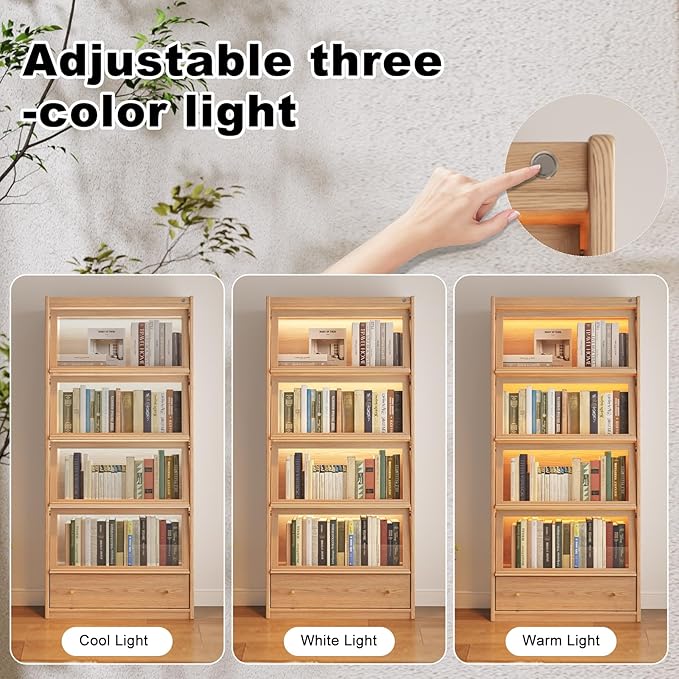 74"H Tall Soild wood Bookcase with 3 color LED light and Glass Door, 5 -Tier Wooden Book case and bookshelf, Large Display Storage Organizer Cabinet with Shelves for Study Home Office Living Room