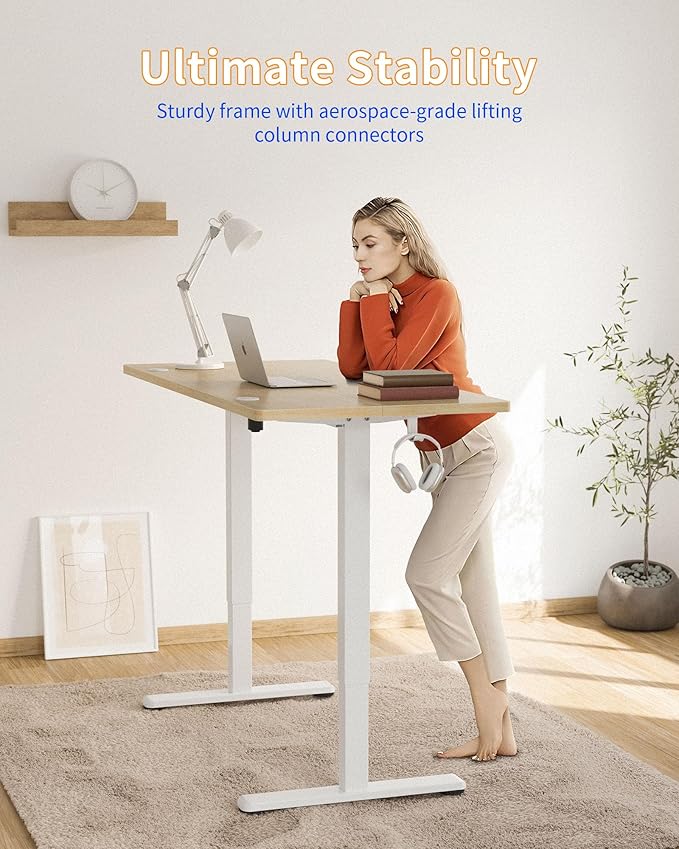 YIHAYO Electric Standing Desk, 48 x 24 Inches Stand Up Desk with Splice Board, Adjustable Height Desk, Computer Desk for Home Office, White Frame/Natural Top