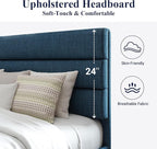 Allewie Queen Size Platform Bed Frame with Fabric Upholstered Headboard and Wooden Slats Support, Fully Upholstered Mattress Foundation/No Box Spring Needed/Easy Assembly, Navy Blue