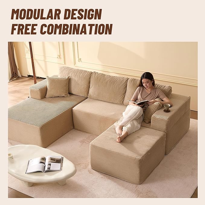 107" Boneless Couch with Deep Seat, Modular Sectional Sofa, Cloud Sectional Couch for Living Room, No Assembly Required, Corduroy, U-Shape 3 Seater Left, Camel