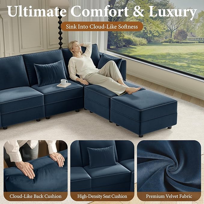 Vesgantti Sectional Sleeper Sofas with Storage, 118" Sofa Bed with 8 Seats Storage Chaises Removeble Cover, Deep Seat Modular Couches Velvet Couch Set for Living Room, Apartment, Home Theatre, Blue