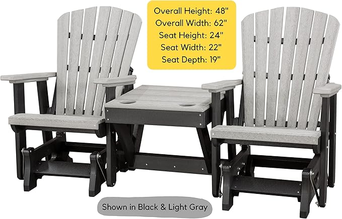 DutchCrafters Slat Fan Back Double Poly Adirondack Glider Outdoor Patio Chairs with Center Table (Black & Weatherwood)
