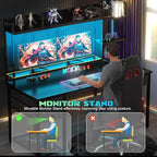 Aheaplus Desk with LED and Outlets, Gaming Desk with Hutch, 55.2'' Computer Desk with Drawers, Reversible Office Desk with Storage Bookshelf Large Workstation Desk with Shelf, Desk for Home, Black