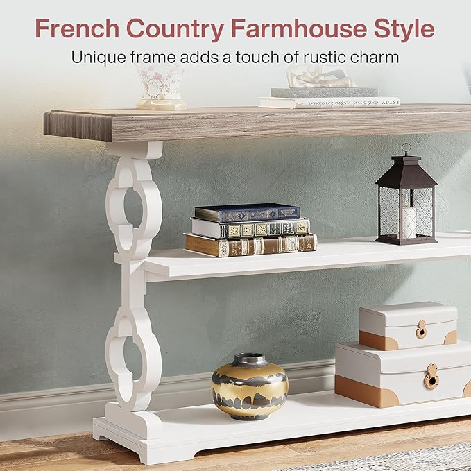 Tribesigns Farmhouse Console Table, 55 inch Long Sofa Table with Storage Shelves, 3 Tier Wood Accent Entry Table for Hallway, Entrance, Living Room, Foyer, Grey and White