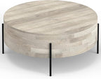 SIMPLIHOME Rayburn Drum Coffee Table - 38 inch Wide Solid Mango Wood Round Living Room Table in White Wash, Modern Urban Center Table for Family Room with Black Metal Legs and Large Surface