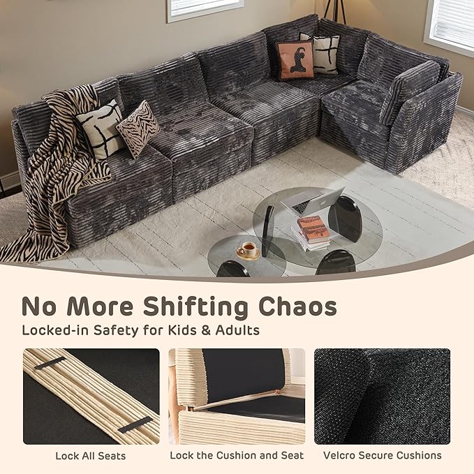 98" Modular Sofa with Swivel Chairs, Modern L Shape Cloud Sectional Couch Plush Corduroy 5 Seater Deep Seat Sofas Set & Accent Armchair Set of 2 for Living Room, Gray
