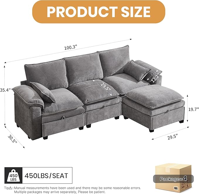 100" L Shaped Modular Sectional Sofa, Couch with Ottoman Storage, Chenille Cloud Couch with Plush Deep Seating for Living Room, Bedroom (Light Grey, 4 Seat)