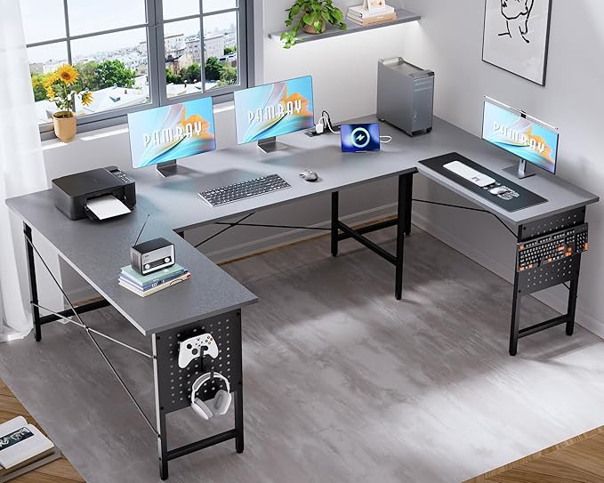 Pamray 71 Inch Large Computer Desk with Power Outlets,U Shaped Corner Desk for Home Office Work and Gaming Grey