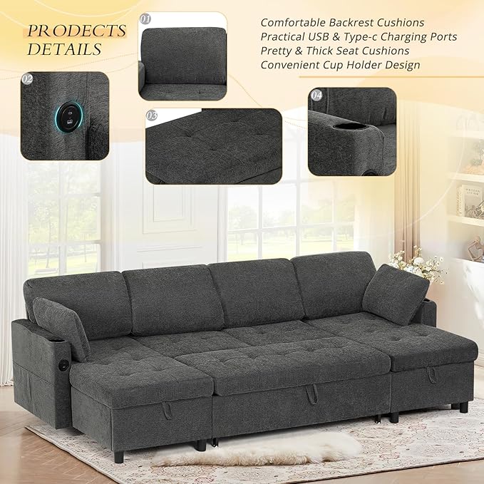 110" Fabric Pull-Out Couch Bed w/Adjustable Backrests, Sectional Sleeper Sofa w/USB Ports & 2 Cup Holders, Upholstered U-Shaped Couch w/Storage Chaise for Living Room, House, Grey
