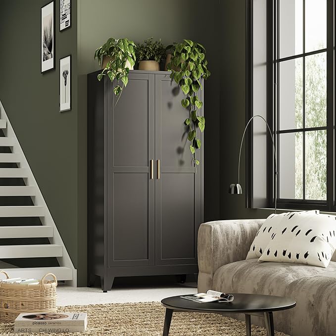 Bathroom Storage Cabinet Freestanding, 61" Tall Metal Cabinets with Doors and Shelves, Black Kitchen Pantry Cabinet, Utility Metal Locker Storage Cabinet for Garage, Home Office