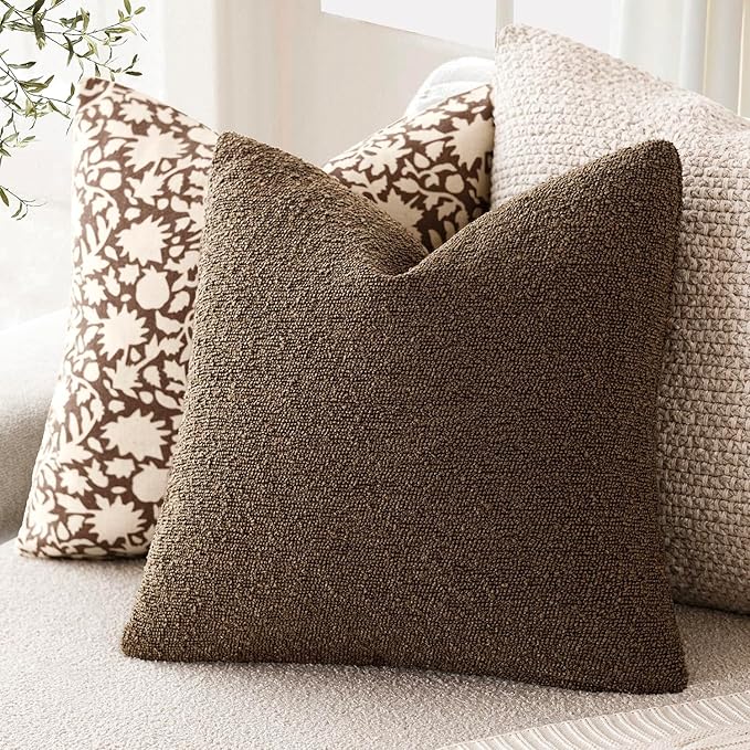 Foindtower Pack of 2 Textured Boucle Throw Pillow Covers Accent Solid Decorative Pillow Cases Cozy Woven Couch Cushion Case for Sofa Bedroom Living Room Home Decor 20x20 Inch Chocolate