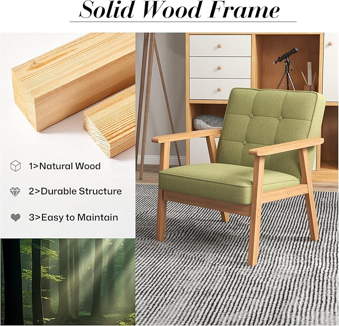 KCC Mid-Century Modern Linen Fabric Accent Chair Set of 2, Upholstered Tufted Leisure Chair Comfy Reading Side Chair with Armrest and Solid Wood Frame for Living Room Bedroom Balcony(Green)