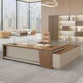 Modern L Shape Executive Desk with Drawers and Lockable Storage Cabinet, Large Executive Office Desk with Cable Management (Champagne Wood Grain+Beige/Left,79" L*63" W*30" H)
