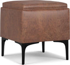 SIMPLIHOME Natasha 18 inch Wide Contemporary Square Mid Century Storage Ottoman with Tray in Distressed Saddle Brown Vegan Faux Leather, Assembled, For the Living Room, Entryway and Family Room