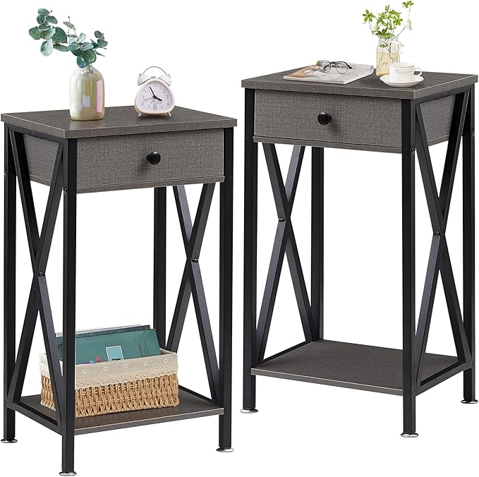 VECELO Tall Nightstand Set of 2,27.6 inch Wooden End Table with Metal X-Frame,Side Table with Drawer and Storage Shelf for Living Room Bedroom Entryway Small Spaces