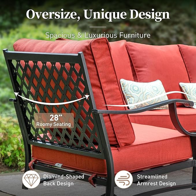 4 Piece Metal Outdoor Patio Furniture Sets, Patio Conversation Sets 1 3-Seater Sofa, 2 Fixed Chair with 5.75" Extra Thick Cushion and Coffee Table, Black Frame Backyard Furniture, Red