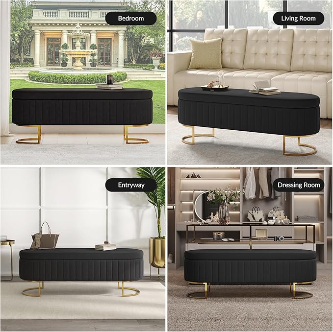 EcoHarbor Living 55.5" Storage Bench Ottoman End of Bed Bench Bedroom Bench, Upholstered Velvet Long Window Bench Large King Size with Gold Legs, Flipping Lid Entryway Footrest (Black)
