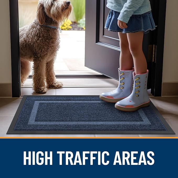 OLANLY Front Door Mat Indoor Outdoor Entrance, Waterproof All-Season, All-Weather Doormat, Sturdy Natural Rubber, Fade Resistant, Low Profile, Easy Clean Patio Porch Entryway Mat, 59x20, Blue