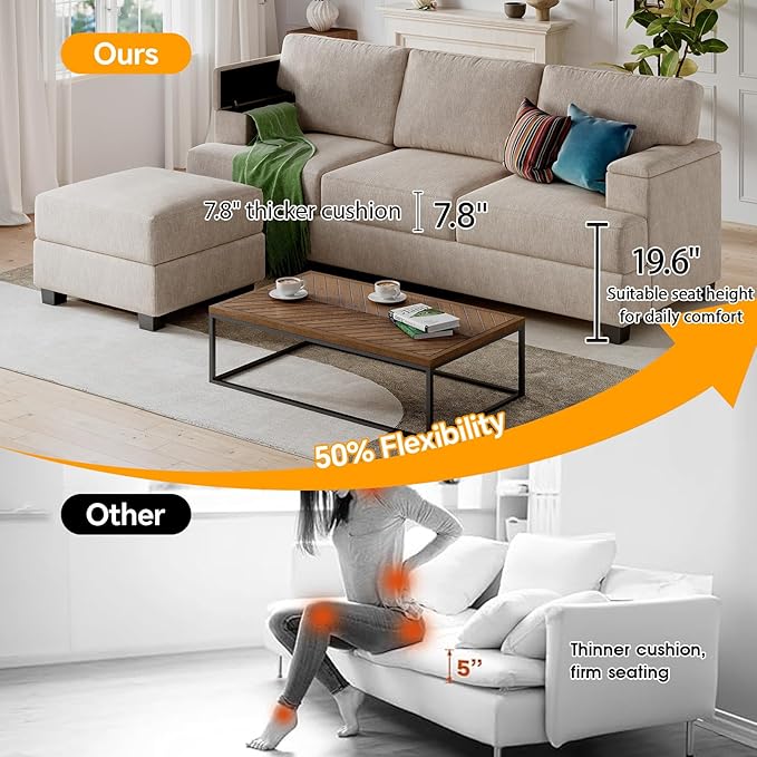 85'' L Shaped Couch with Armrest Organizer,3 Seats Sofas with Movable Ottoman,Comfy Sectional Sofa with Thick Cushion,Chenille Sectional Couches for Living Room,Bedroom,Apartment,Home Furniture,Khaki